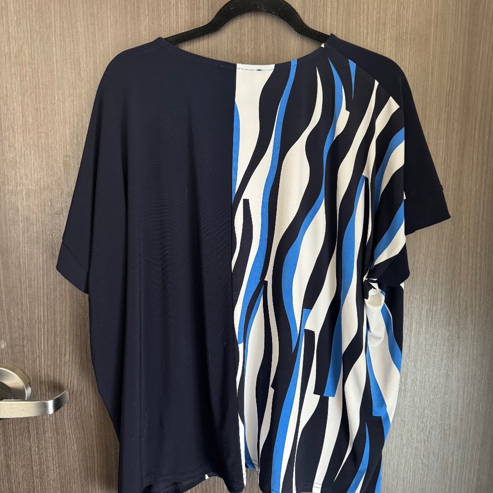 Joseph Ribkoff Shirt Womens 12 Navy Blue Abstract Print Stretch Tunic Top Blouse